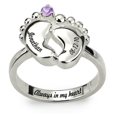 Engraved Baby Feet Solid White Gold Ring with Birthstone