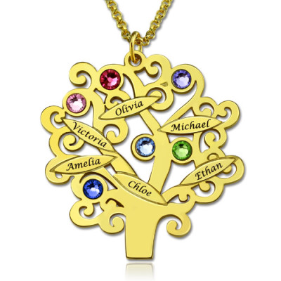 Solid Gold Engraved Family Tree Necklace with Birthstones