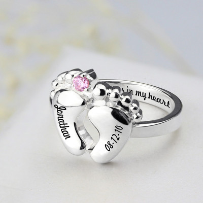 Engraved Baby Feet Solid White Gold Ring with Birthstone