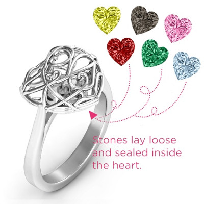 Encased in Love Caged Hearts Solid White Gold Ring with Ski Tip Band