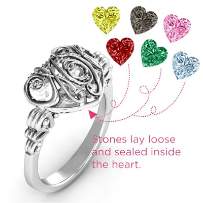 Cursive Mom Caged Hearts Solid White Gold Ring with Butterfly Wings Band