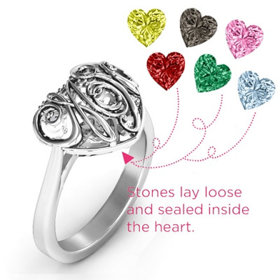 Cursive Mom Caged Hearts Solid White Gold Ring with Ski Tip Band