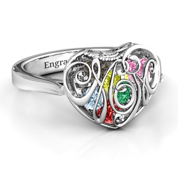 Cursive Mom Caged Hearts Solid White Gold Ring with Ski Tip Band