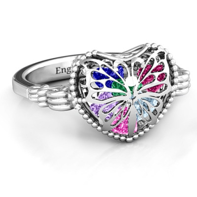 Butterfly Caged Hearts Solid White Gold Ring with Butterfly Wings Band