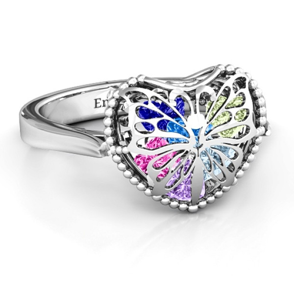 Butterfly Caged Hearts Solid White Gold Ring with Ski Tip Band
