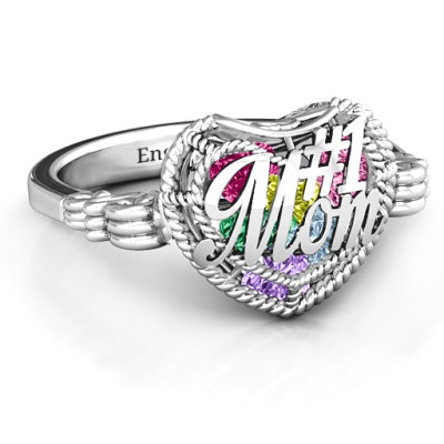#1 Mom Caged Hearts Solid White Gold Ring with Butterfly Wings Band