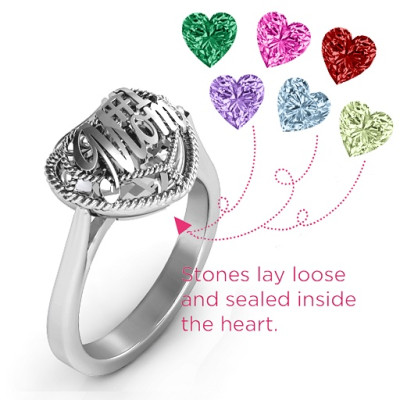 #1 Mom Caged Hearts Solid White Gold Ring with Ski Tip Band