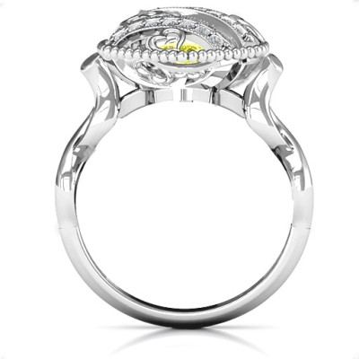 Sparkling Diamond Hearts Caged Hearts Solid White Gold Ring with Infinity Band
