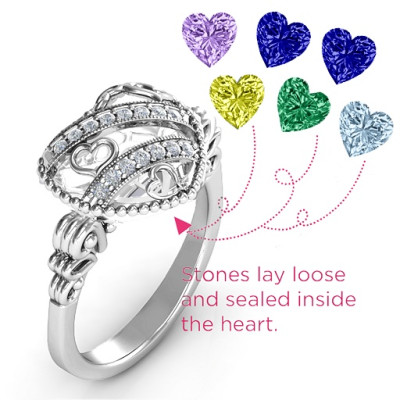 Sparkling Diamond Hearts Caged Hearts Solid White Gold Ring with Butterfly Wings Band