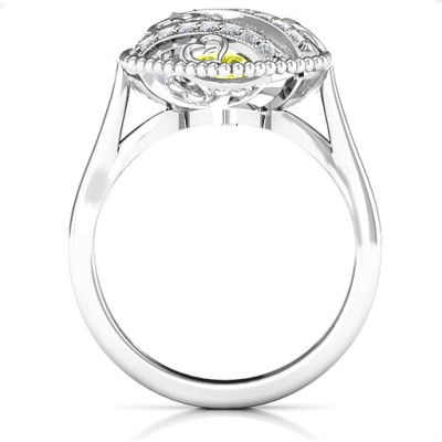 Sparkling Hearts Caged Hearts Solid White Gold Ring with Ski Tip Band