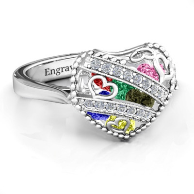 Sparkling Hearts Caged Hearts Solid White Gold Ring with Ski Tip Band