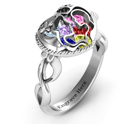Mother and Child Caged Hearts Solid White Gold Ring with Infinity Band