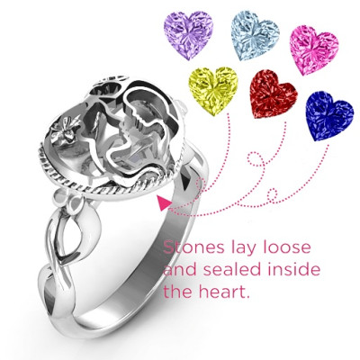 Mother and Child Caged Hearts Solid White Gold Ring with Infinity Band