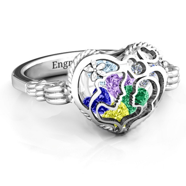 Mother and Child Caged Hearts Solid White Gold Ring with Butterfly Wings Band