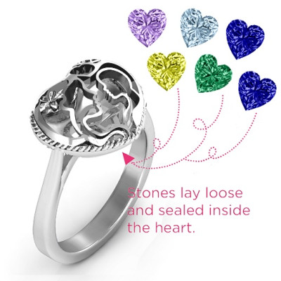 Mother and Child Caged Hearts Solid White Gold Ring with Ski Tip Band