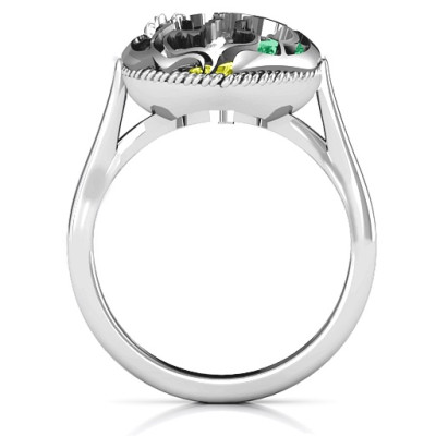 Mother and Child Caged Hearts Solid White Gold Ring with Ski Tip Band