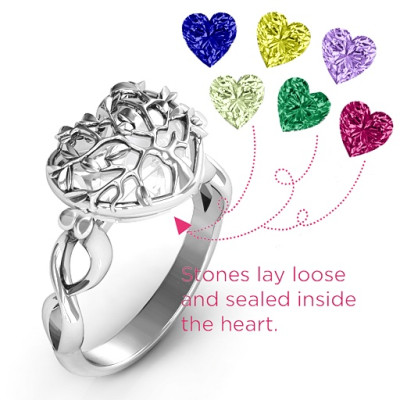 Family Tree Caged Hearts Solid White Gold Ring with Infinity Band