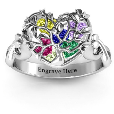 Family Tree Caged Hearts Solid White Gold Ring with Infinity Band