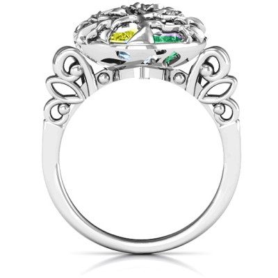 Family Tree Caged Hearts Solid White Gold Ring with Butterfly Wings Band