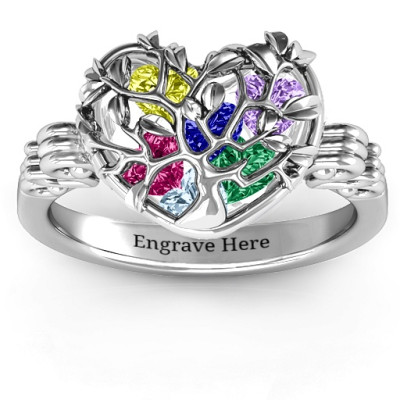 Family Tree Caged Hearts Solid White Gold Ring with Butterfly Wings Band