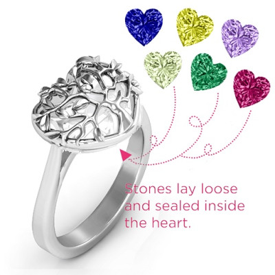 Family Tree Caged Hearts Solid White Gold Ring with Ski Tip Band