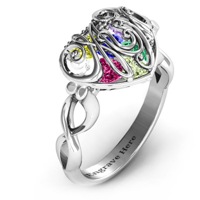 Cursive Mom Caged Hearts Solid White Gold Ring with Infinity Band