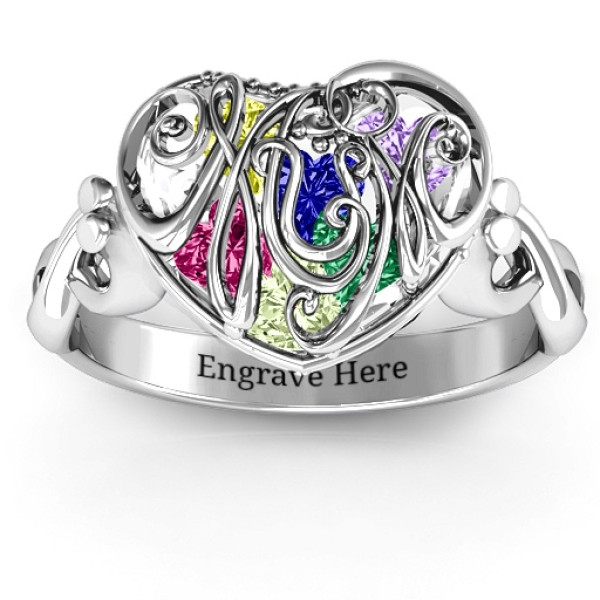 Cursive Mom Caged Hearts Solid White Gold Ring with Infinity Band