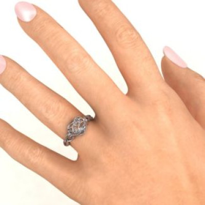 Heart Cut-out Petite Caged Hearts Solid White Gold Ring with Classic with Engravings Band
