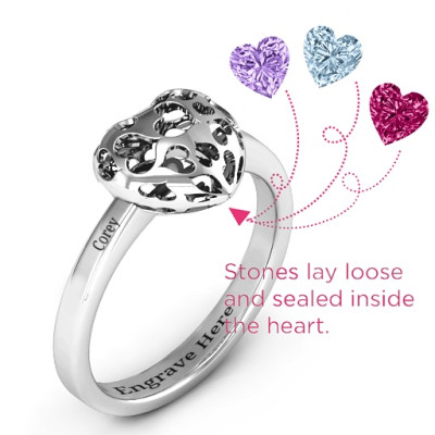 Heart Cut-out Petite Caged Hearts Solid White Gold Ring with Classic with Engravings Band