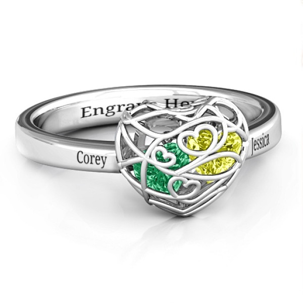 Encased in Love Petite Caged Hearts Solid White Gold Ring with Classic with Engravings Band