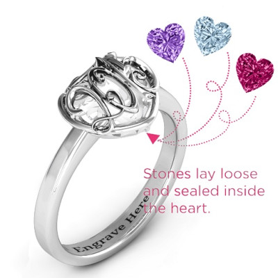 2015 Petite Caged Hearts Solid White Gold Ring with Classic with Engravings Band