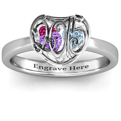 2015 Petite Caged Hearts Solid White Gold Ring with Classic with Engravings Band