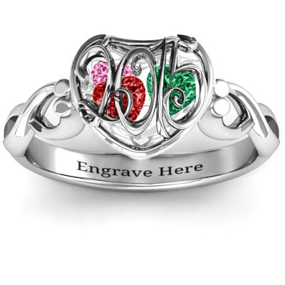 2015 Petite Caged Hearts Solid White Gold Ring with Infinity Band