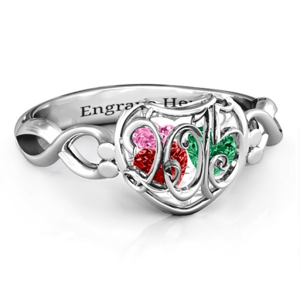 2015 Petite Caged Hearts Solid White Gold Ring with Infinity Band