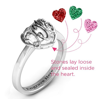 2016 Petite Caged Hearts Solid White Gold Ring with Classic with Engravings Band