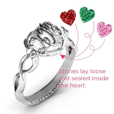2016 Petite Caged Hearts Solid White Gold Ring with Infinity Band