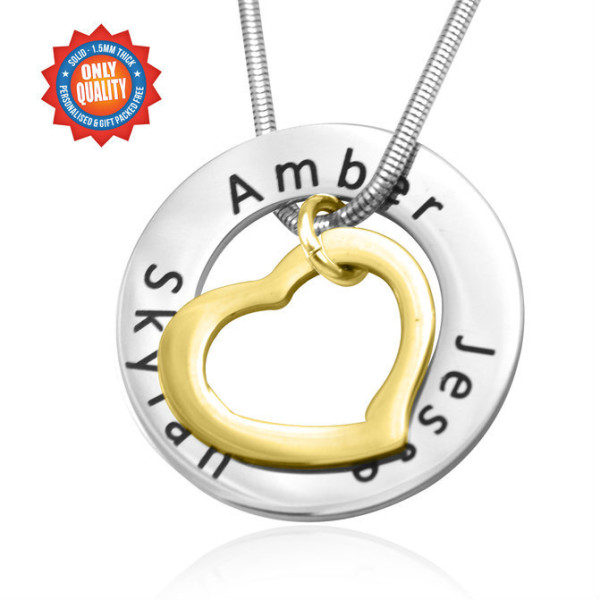 Solid Gold Heart Washer Name Necklace - TWO TONE