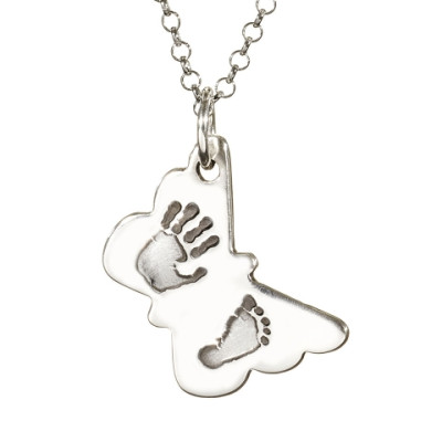 Solid White Gold Butterfly Hand Foot Print Necklace