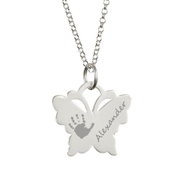 Solid White Gold Engraved Butterfly Handprint Necklace