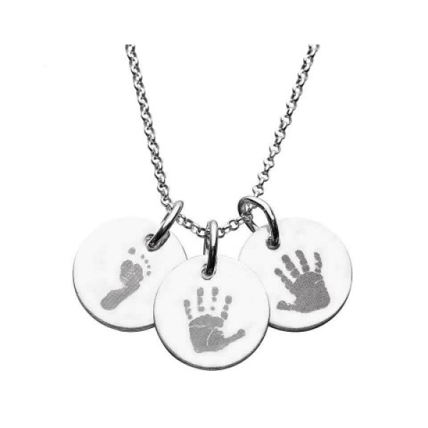 18CT White Gold Hand/Footprint Engraved Disc Pendant