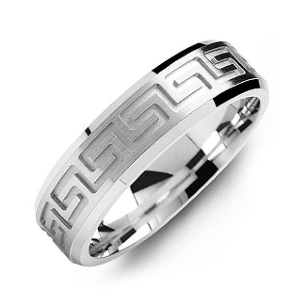 Greek Key Eternity Grooved Men's Solid White Gold Ring