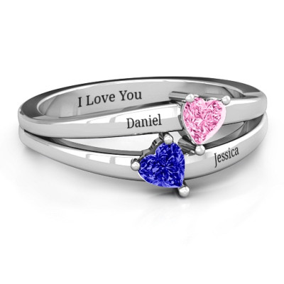 Twin Hearts Solid White Gold Ring