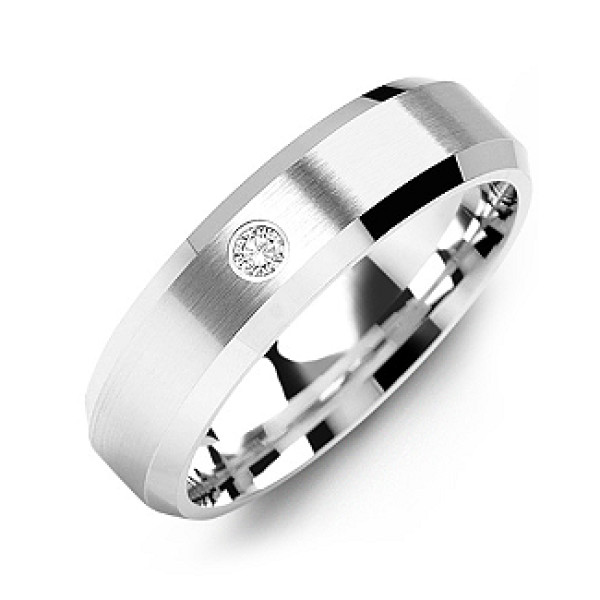 Beveled-Edge Brushed Men's Gemstone Solid White Gold Ring