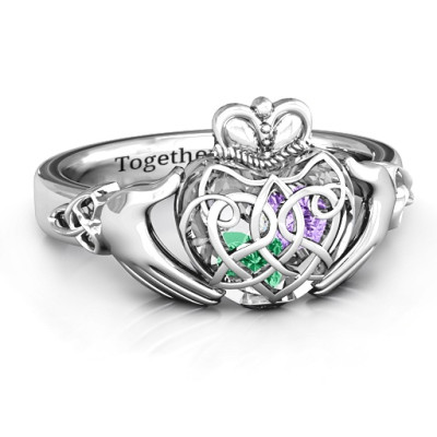 Caged Hearts Celtic Claddagh Solid White Gold Ring