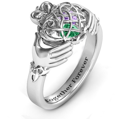 Caged Hearts Celtic Claddagh Solid White Gold Ring