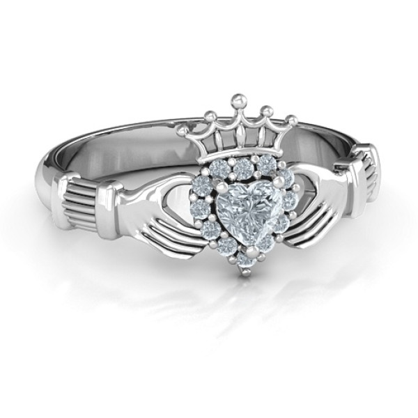 Claddagh with Halo Solid White Gold Ring