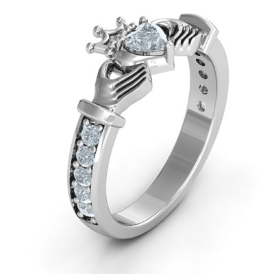 Classic Claddagh Heart Cut Solid White Gold Ring with Accents