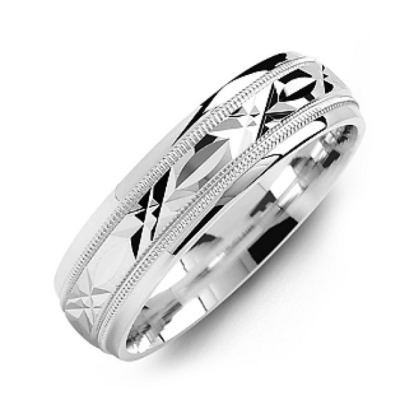 Classic Men's Solid White Gold Ring with Diamond Cut Pattern