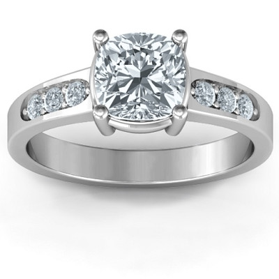 Cushion Cut Solitaire with Accents Solid White Gold Ring