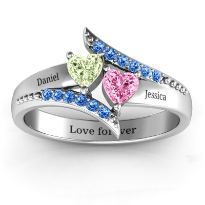 Diagonal Dream Solid White Gold Ring With Heart Stones